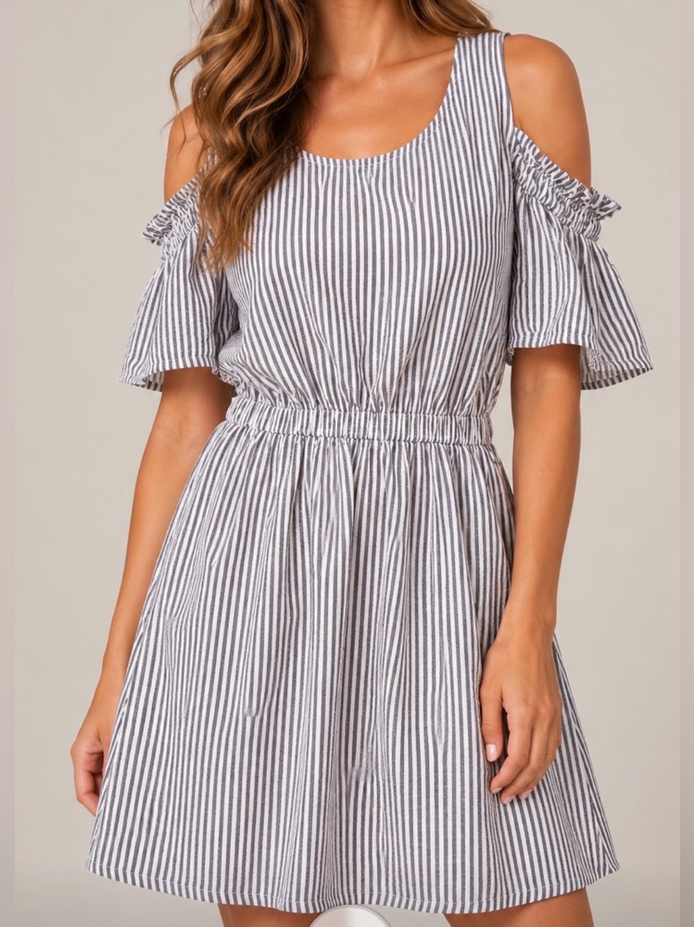 A New Day Striped Cold Shoulder Ruffle Sleeve Dress Gray Medium